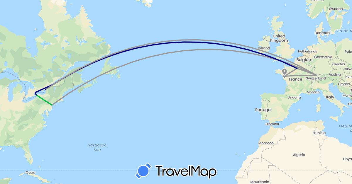 TravelMap itinerary: driving, bus, plane, train in Canada, Switzerland, France (Europe, North America)